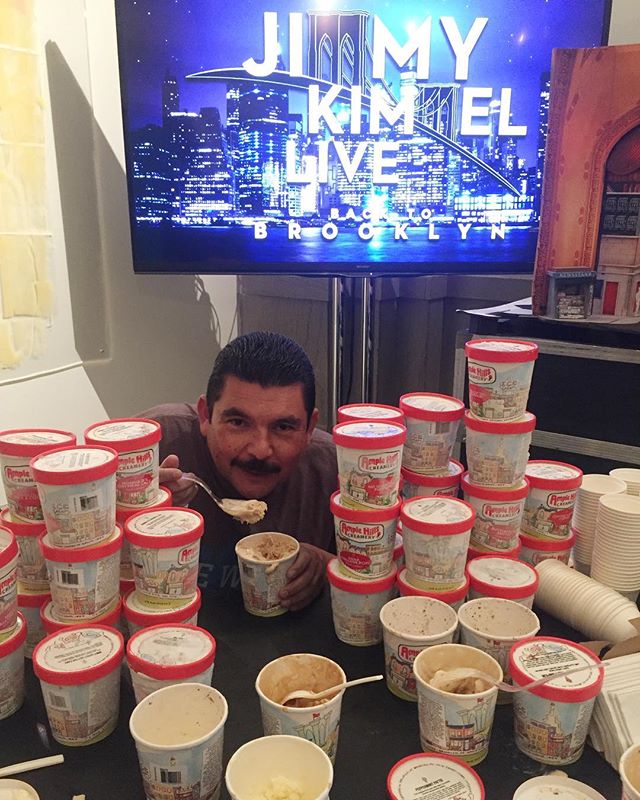 @IamGuillermo disappeared & we found him like this. Thanks for the ice cream @AmpleHills! #KimmelinBrooklyn