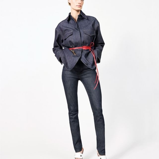Double denim from #VBPreSS19, styled with a minimal bright red belt. Discover at the link in bio or at #VBDoverSt x VB
