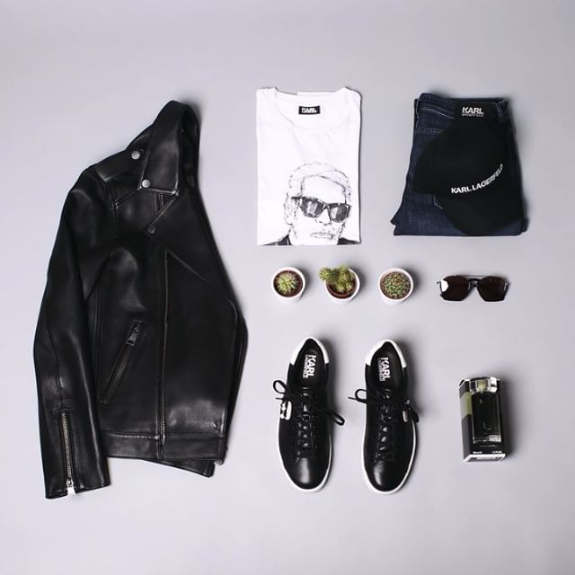 Modern menswear essentials: sneakers   cap   leather biker jacket    #KARLLAGERFELD