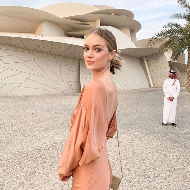 @lindsellingson looked amazing at the opening of @nmoqatar last week in my open back drape dress from my new capsule collection. X Kisses #VBSince08