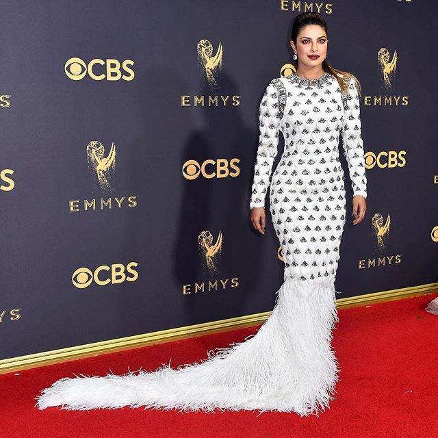 #PriyankaChopra in a feathered #Balmain #dress at the #Emmys #Buro247Singapore