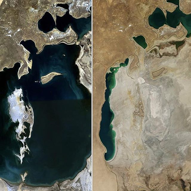 Once the world's fourth largest lake, the Aral Sea in Uzbekistan lost most of its water due to the artificial diversions of the rivers that sustained it for various agricultural projects, including cotton production. The #10YEARCHALLENGE worth thinking about every single day is the devastating impact of climate change, pollution, urban sprawl and overproduction on our Planet and fundamentally what we can do to make our world a better place.