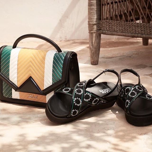 Poolside slides, meet the colorblocked bag. Who's ready for summer? #KARLLAGERFELD