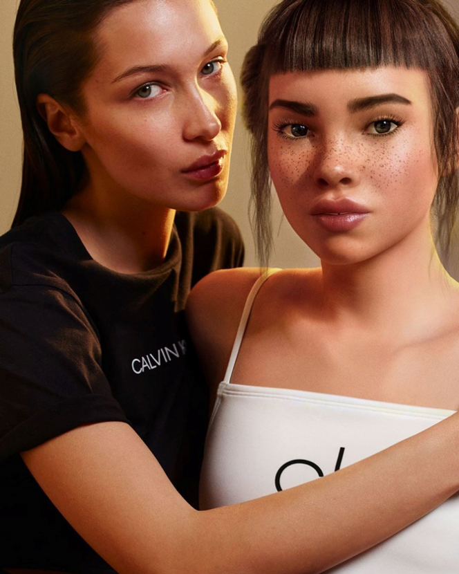 Белла Хадид ба виртуал загвар өмсөгч Lil Miquela нар Calvin Klein брэндийн сурталчилгаанд