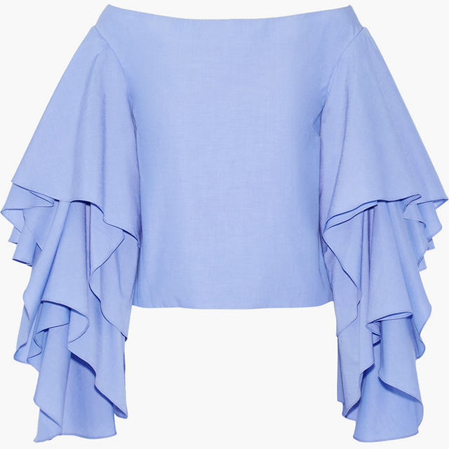 Rosie Assoulin<p><a href=\"https://www.net-a-porter.com/ua/en/product/649460/rosie_assoulin/bidi-bidi-bom-bom-off-the-shoulder-ruffled-cotton-poplin-top\" target=\"_blank\">net-a-porter.com</a></p>