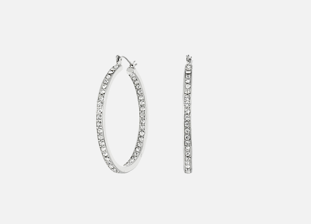 Ээмэг, Steve Madden<p><a id=\"\" style=\"\" href=\"http://www.zappos.com/p/steve-madden-rhinestone-hoop-earrings-silver/product/8871123/color/632\" target=\"_blank\">Zappos.com</a></p>